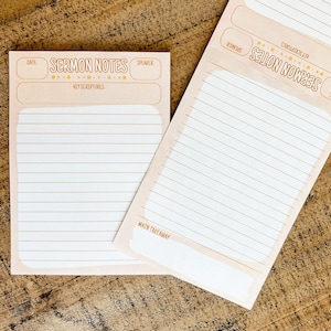 May include: Two cream-colored paper sermon note pads with brown text and lines. The top of each pad features the words SERMON NOTES, with designated boxes for date, speaker, and key scriptures. The longer pad includes a main takeaway section.