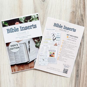 May include: Two Bible Inserts, Volume 2, with the text "Men's Edition" on one. The inserts are 5x7 inches and include double-sided pages for reference and deeper study. The set includes topics like Holy Days and the Armor of God.