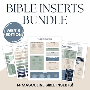 Op de afbeelding: Een bundel Bijbelinvoegingen voor mannen, met diverse gidsen en diagrammen. Het ontwerp bevat een blauw en wit kleurenschema met tekst zoals "Bible Inserts Bundle" en "Men's Edition". De invoegingen behandelen onderwerpen als historische verhalen, profetieën en brieven.