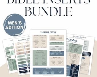 May include: A bundle of Bible inserts for men, featuring various guides and charts. The design includes a blue and white color scheme with text such as "Bible Inserts Bundle" and "Men's Edition." The inserts cover topics like historical narrative, prophecy, and epistles.
