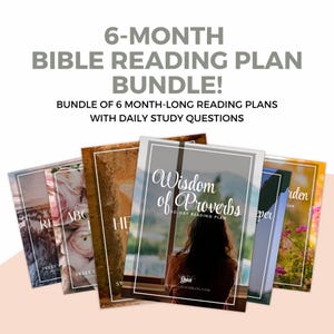 Puede incluir: Un paquete de seis planes de lectura bíblica, cada uno con un diseño de portada único. Las portadas presentan imágenes de paisajes, flores y escenas inspiradoras. El texto dice "6-MONTH BIBLE READING PLAN BUNDLE!" y "Wisdom of Proverbs".