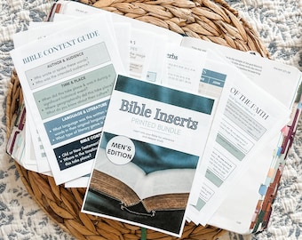 May include: A collection of printed Bible inserts, including a "Men's Edition" bundle, and a Bible Content Guide, resting in a woven basket. The inserts feature text about the Bible's context, language, and literature. The open Bible is visible.