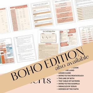 May include: A collection of educational charts and guides with a "BOHO EDITION" theme. The charts cover topics like "Heroes of the Faith," "The Line of Seth," and "Miracles of Jesus." The color scheme is primarily beige and brown.