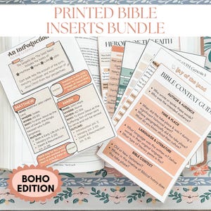 May include: Printed Bible inserts bundle with "Boho Edition" text. The inserts include information on the Gospels, including Matthew and Mark, with outlines, fun facts, and context guides. The color scheme is a mix of beige, peach, and white.