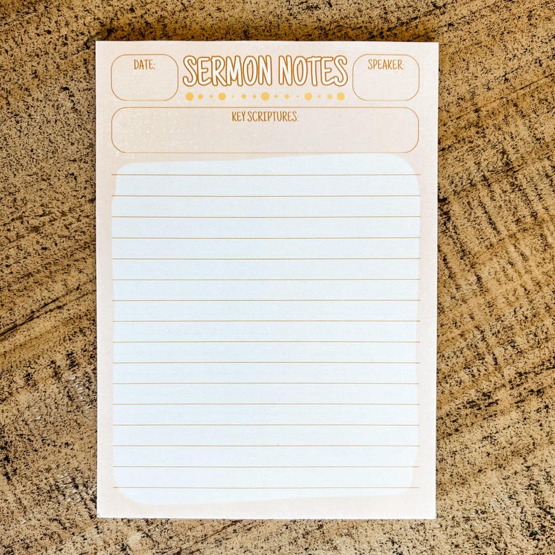 May include: A light pink Sermon Notes notepad with lined pages. The top section includes spaces for the date, speaker, and key scriptures. The words "Sermon Notes" are in a decorative font.