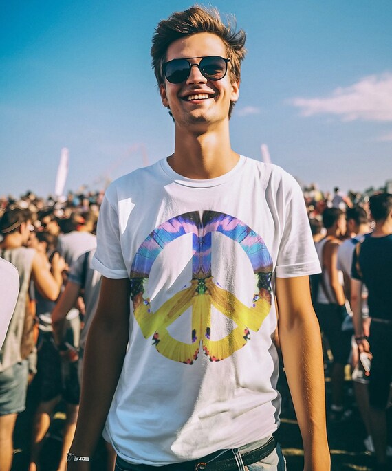 Peace Sign Unisex Short Sleeve T-shirt Psychedelic Flower Power 70s Hippie  Nature Inspired Floral Support Life Humanity Light Love Caring