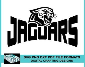 Puede incluir: Diseño gráfico en blanco y negro de un jaguar con la boca abierta y la palabra "JAGUARS" en letras negritas. FORMATOS DE ARCHIVO SVG PNG DXF PDF DISEÑOS DE ARTESANÍA DIGITAL