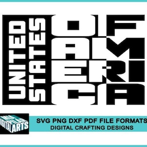 May include: Black and white graphic design with the text "United States of America" arranged in a square shape.