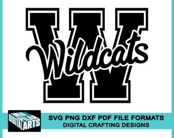 May include: Black and white graphic design of a large letter W with the word "Wildcats" in a stylized font inside the letter.