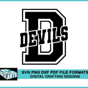 Puede incluir: Gráfico en blanco y negro de la letra "D" con la palabra "DEVILS" en diagonal. El diseño está delineado en blanco. La imagen también incluye el texto "SVG PNG DXF PDF FILE FORMATS DIGITAL CRAFTING DESIGNS".
