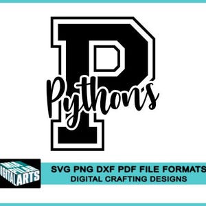 Camiseta Pythons svg, arquivos svg dxf pdf png, arquivo de corte cricut, silhueta, espírito escolar Pythons svg, torcida Pythons svg, arquivo de corte Pythons