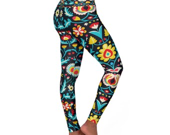 Leggings yoga floreali a vita alta, leggings da allenamento, leggings floreali luminosi, arte popolare