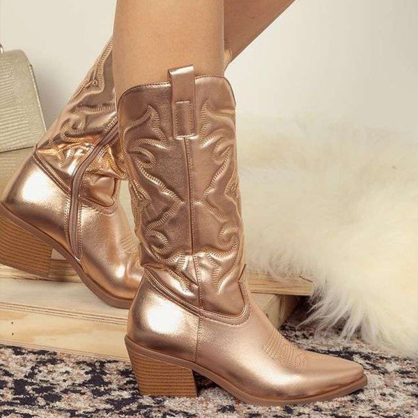 Metallic Gold Western Cowboy Boots Cowgirl Boots Nashville Bachelorette Leather Boots Ready To Ship Mid-Calf Boots High Heels Fashion Shoes