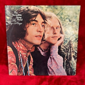 Puede incluir: La portada del álbum de The Incredible String Band con dos personas, un hombre y una mujer, con el pelo largo, vistiendo ropa colorida, sobre un fondo borroso de árboles y follaje. El título del álbum "The Big House" está impreso en blanco sobre fondo negro.