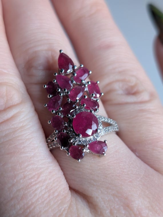 Solid Sterling Silver 925 Ring, 14 Natural Red Ru… - image 2