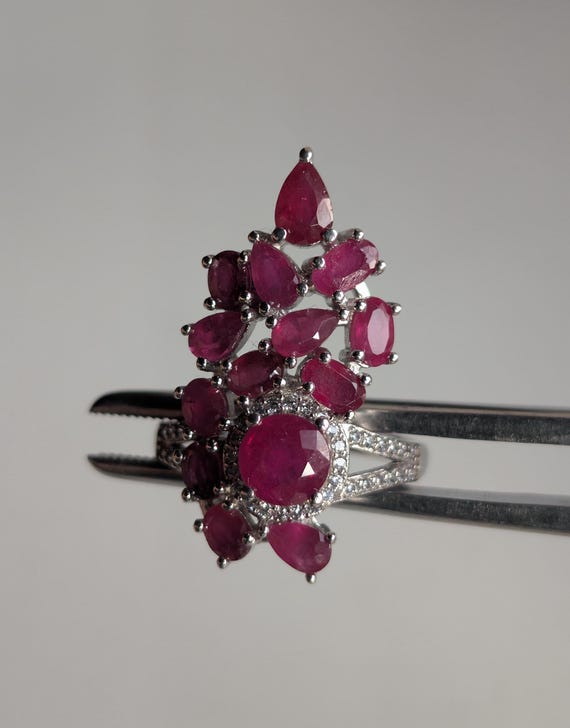 Solid Sterling Silver 925 Ring, 14 Natural Red Ru… - image 1