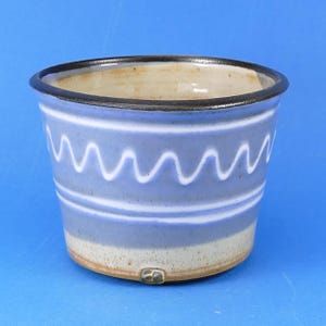 May include: A ceramic planter with a light blue exterior, featuring a white wavy pattern and a dark rim. The bottom portion is a lighter beige colour. This decorative pot is suitable for small plants and succulents.