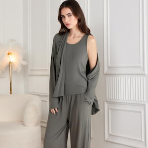 Conjunto de 3 piezas de ropa de estar por casa en modal: cárdigan, pantalón y camiseta sin mangas