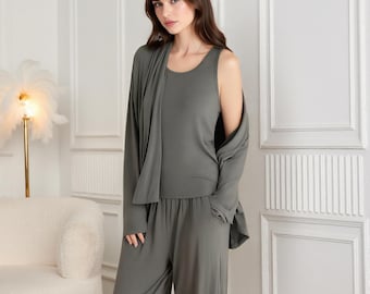 3 Piece Modal Loungewear Set | Cardigan, Pants, Tank Top Outfit