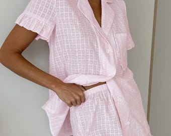 Pink Pajama Set - Top, Ladies Shirt & Ruffle Shorts - Boudoir Sleepwear for Her