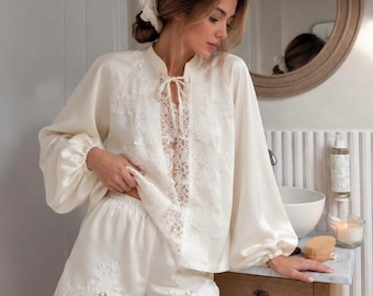 Ivory Satin Lace Pajama Set, Bridal Lounge Wear, Romantic Sleepwear (2-Piece)