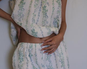 Ensemble pyjama en mousseline de coton, débardeur et short fleuris, vêtements de nuit d'été