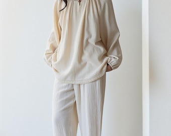 100% Cotton Beige Pajama with Crew Neck: Minimalist Soft Breathable Lounge Sleepwear