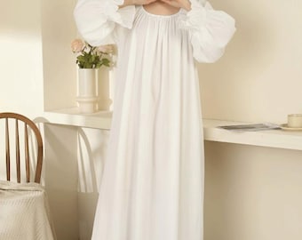 Camisón victoriano suave 100% algodón: Camisón blanco de manga larga