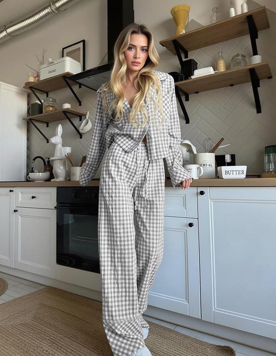 Gray Plaid Cotton Pajama Shirt Set, Bridesmaid Loungewear, Comfortable Sleepwear