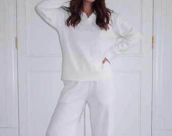 Set pigiama in cotone bianco, abbigliamento da casa a maniche lunghe, traspirante.