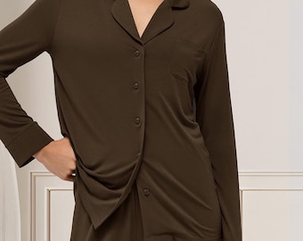 Conjunto de pijama de modal marrón oscuro, pijama de novia de manga larga