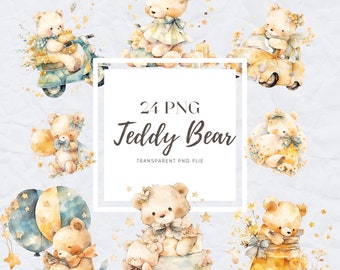 Watercolor Teddy Bear Clipart Set - 24 PNG Teddy Bear Clipart , Cute Clipart , Instant Digital Download #01