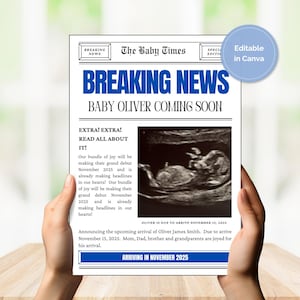 Newspaper Pregnancy Announcement: Vintage Baby Shower Canva Template (Digital Download)