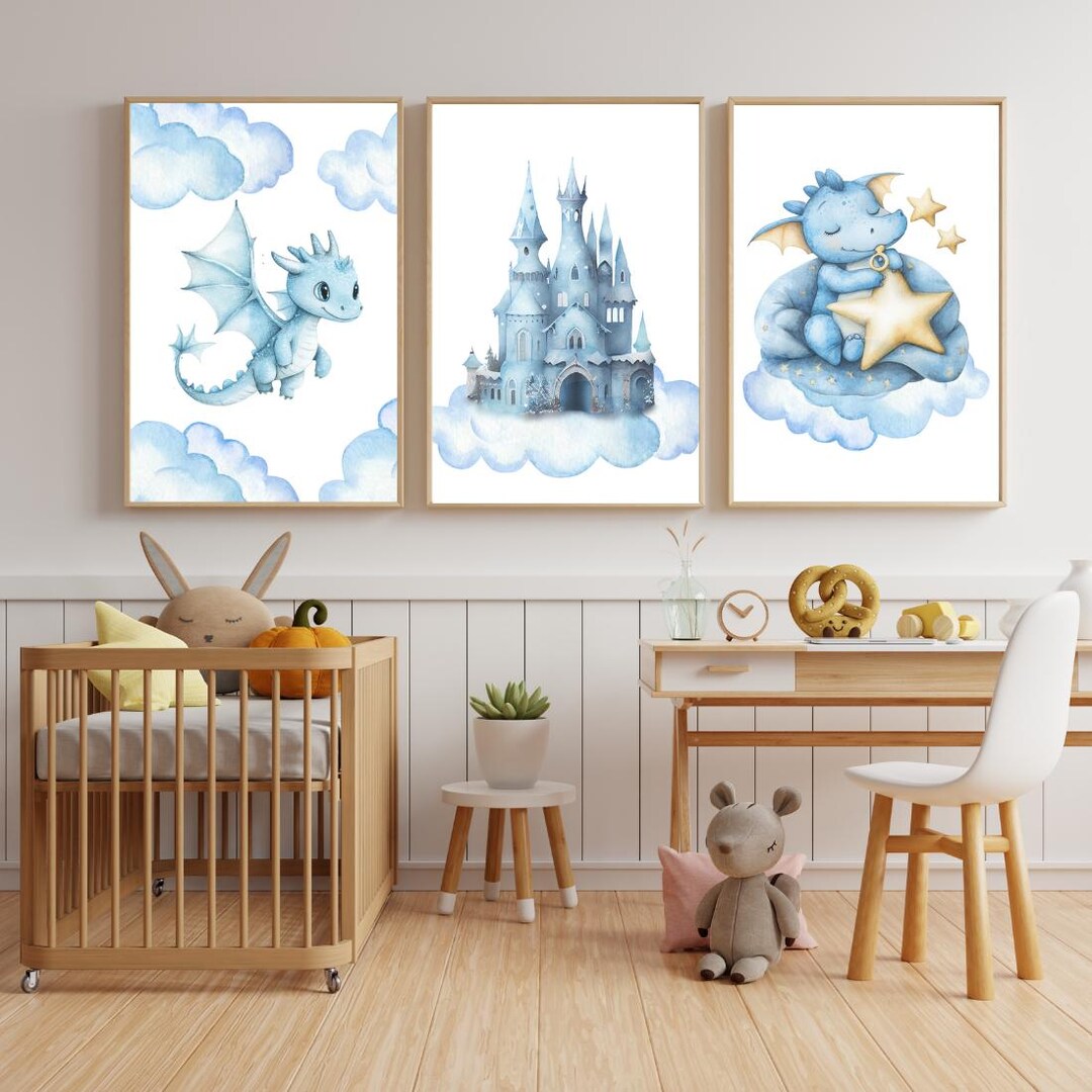 Baby Dragon Nursery Decor Set of 3 | Pastel Castle and Fantasy Prints ...