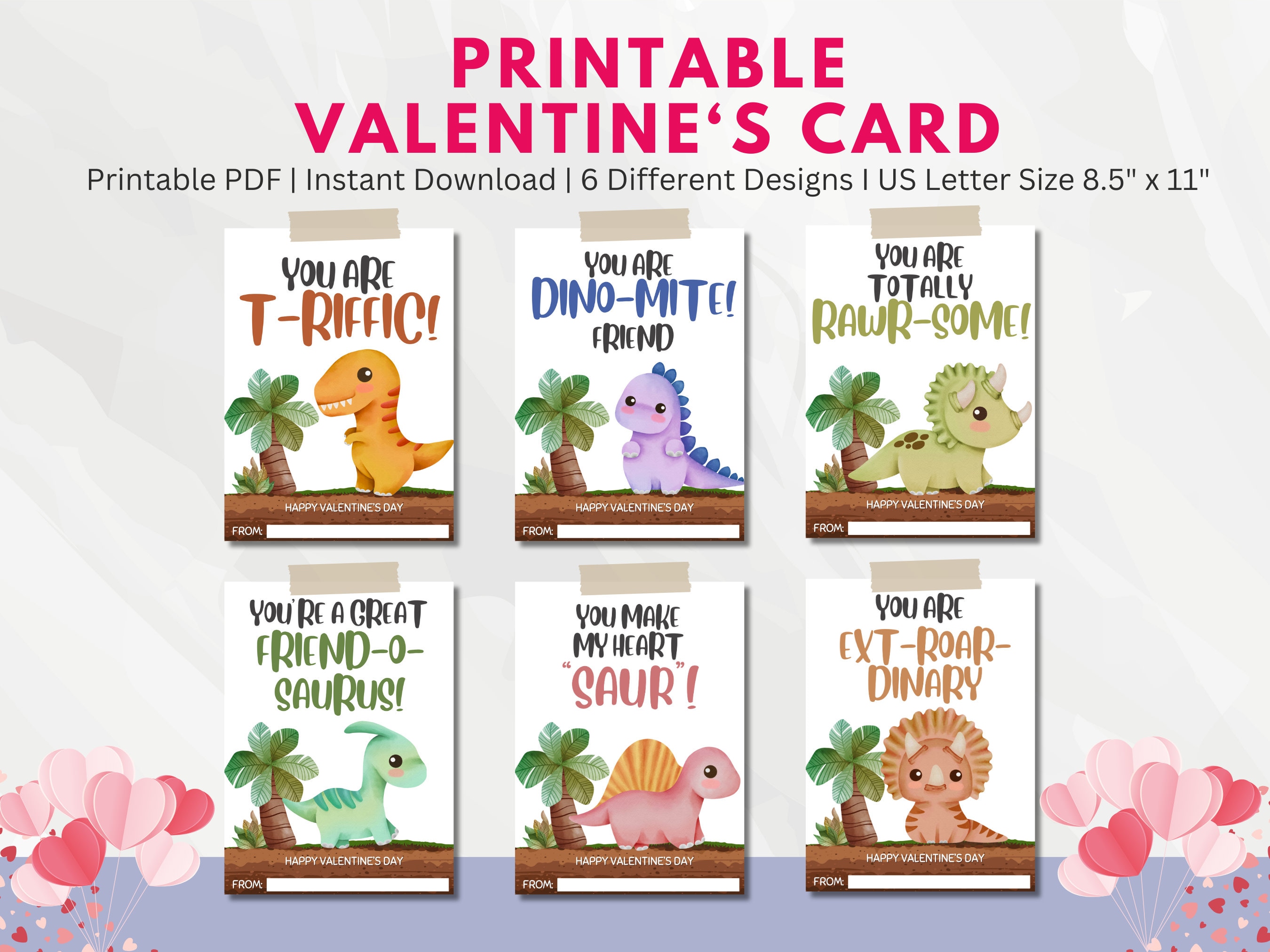 Printable Dinosaur Valentines Cards Set I Valentines Card I Classroom ...