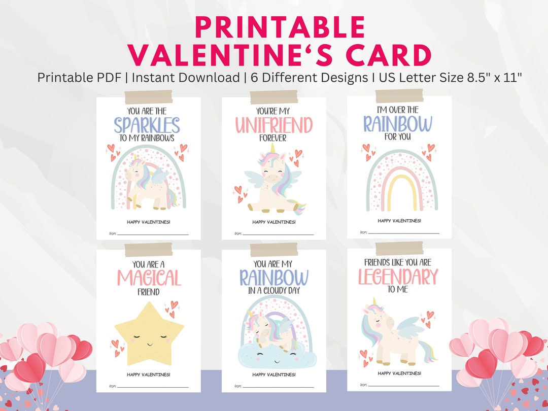 Printable Unicorn Valentines Cards Set I Unicorn Valentines I Classroom Valentine's Day Cards ...