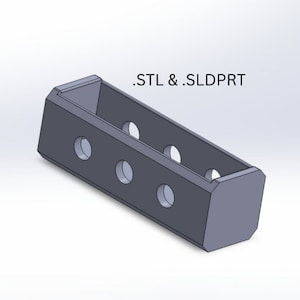 May include: A gray 3D printed model of a rectangular object with multiple holes. The model is labeled ".STL & .SLDPRT".