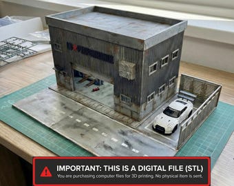 Archivos STL de diorama de garaje JDM a escala 1/64 / "El hangar de la Libertad" / Exhibición de modelos de autos imprimibles en 3D /
