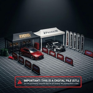 May include: Miniature model car scene featuring a red and black car, tents with "BBS" and "PANDEM" logos, and track day signs. Includes miniature barriers with "KAIDO" and "AKIRA" text. The image includes the text: "IMPORTANT: THIS IS A DIGITAL FILE (STL)"