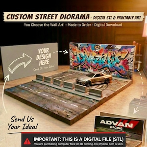 Diorama de rua personalizado em STL, arte de parede imprimível, base de exibição JDM Diecast (download digital)