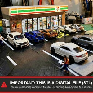 1/64 Scale JDM Konbini Diorama STL, Convenience Store Street Scene & Hot Wheels Display for Night City Parking