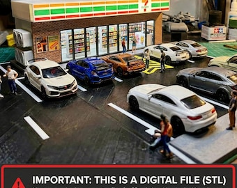 Diorama Konbini JDM a escala 1/64 STL, escena callejera de tienda de conveniencia y exhibición de Hot Wheels para estacionamiento nocturno en la ciudad