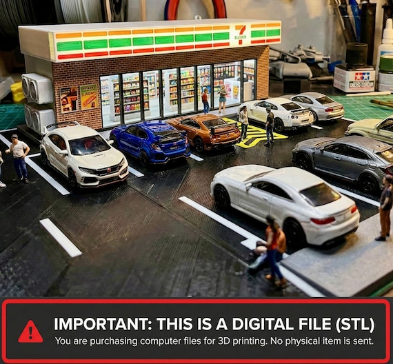 1/64 Scale JDM Konbini Diorama STL, Convenience Store Street Scene & Hot Wheels Display for Night City Parking