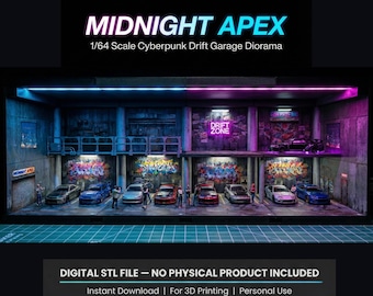 Diorama de garaje de drift JDM a escala 1/64 / Base de exhibición Cyberpunk Underground (archivo STL digital)