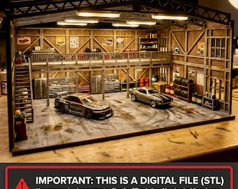 Diorama de garaje a escala 1/64 STL para exhibición de Hot Wheels, estacionamiento digital de coches de juguete y modelo de taller mecánico