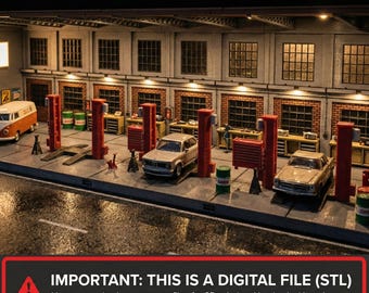 Diorama de garaje europeo en escala 1/64 de un servicio de automóviles alemán, escala STL, para exhibición de Hot Wheels y garaje de coches de juguete.