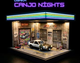Diorama de garaje JDM a escala 1/64 – Osaka Kanjo Night Edition con LED y cubierta acrílica