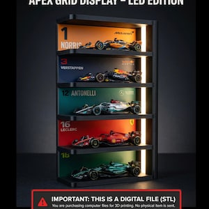 May include: Black display shelf with LED lighting, showcasing miniature Formula 1 race cars. The shelf features the text "APEX GRID DISPLAY - LED EDITION" and displays cars with the names Norris, Verstappen, Antonelli, Leclerc, and others. The bottom of the image has a warning about a digital file.
