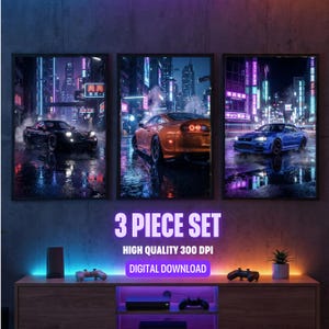 Puede incluir: Un conjunto de arte mural de tres piezas con paisajes urbanos iluminados con neón con coches deportivos en negro, naranja y azul. La obra de arte está disponible como descarga digital a 300 DPI. El conjunto incluye una consola y accesorios de juego.