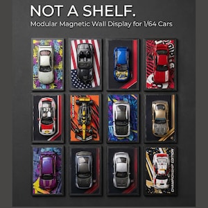 May include: A modular magnetic wall display for 1/64 scale cars. The display features twelve individual framed sections, each showcasing a different miniature car. The cars are in various colors, including white, black, blue, red, gold, and purple.